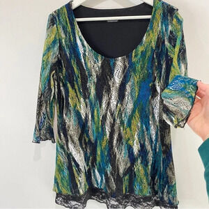 Clientele Watercolor Lace Overlay Frilly Blouse  Size M